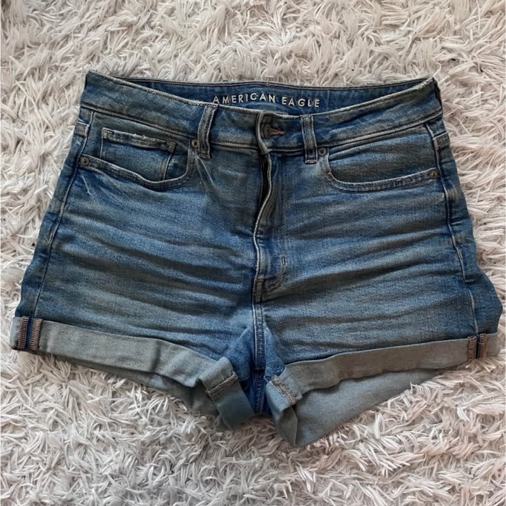 American Eagle Outfitters Distressed Blue Denim Roll-Hem Shorts